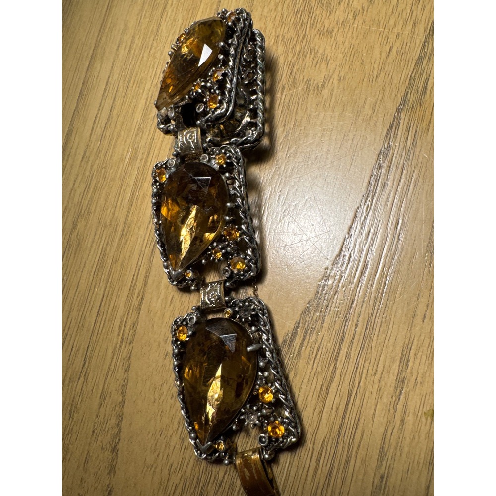 Vintage Gothic Amber Glass Filigree Panel Bracelet Silver Tone Ornate Statement